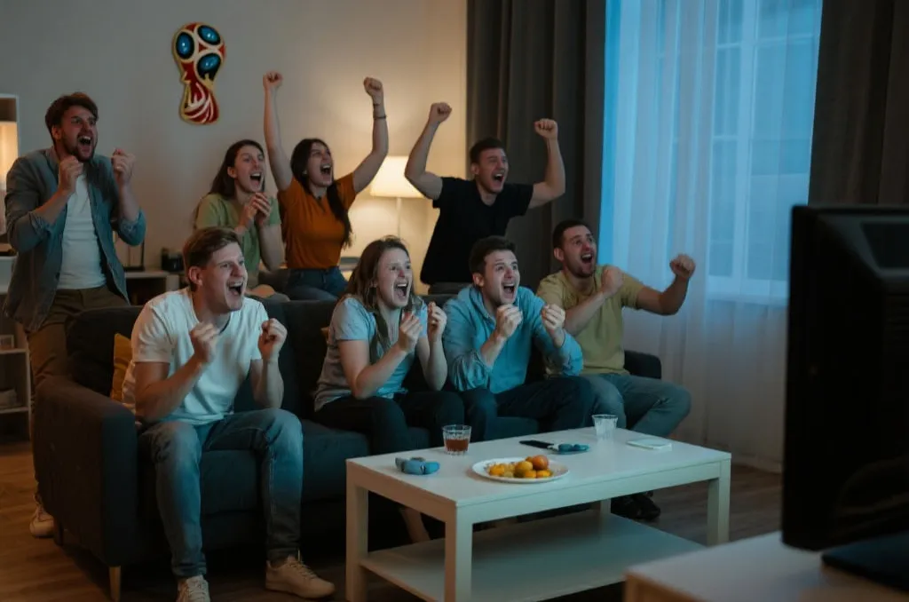 客厅观看世界杯,情绪激动的观众