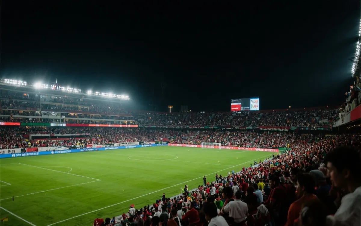 夜幕下的足球场与涌动的人群,灯光明亮,电影感氛围