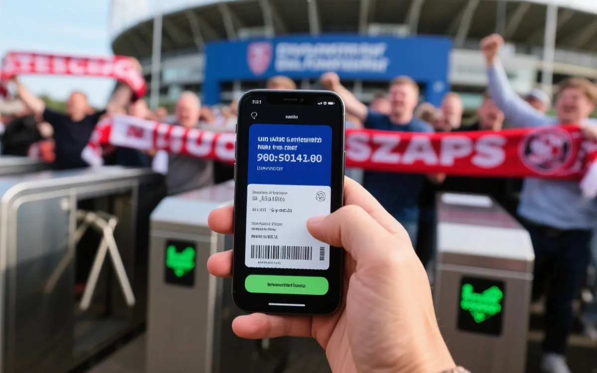 手机展示电子票与入场闸机,旁边是球迷围巾与球场导视牌