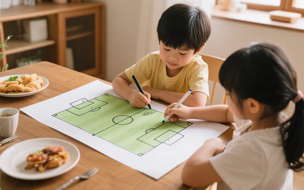 餐桌上亲子用纸笔画足球场示意，讲解越位与角球，温馨居家场景