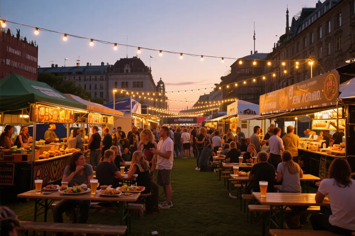 球迷区美食与啤酒花园，夜晚暖色灯串、餐车与人群社交氛围