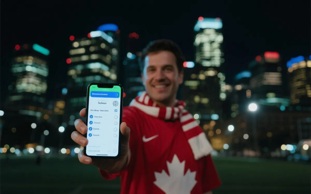 球迷在加拿大城市夜景前查看手机电子票与行程清单